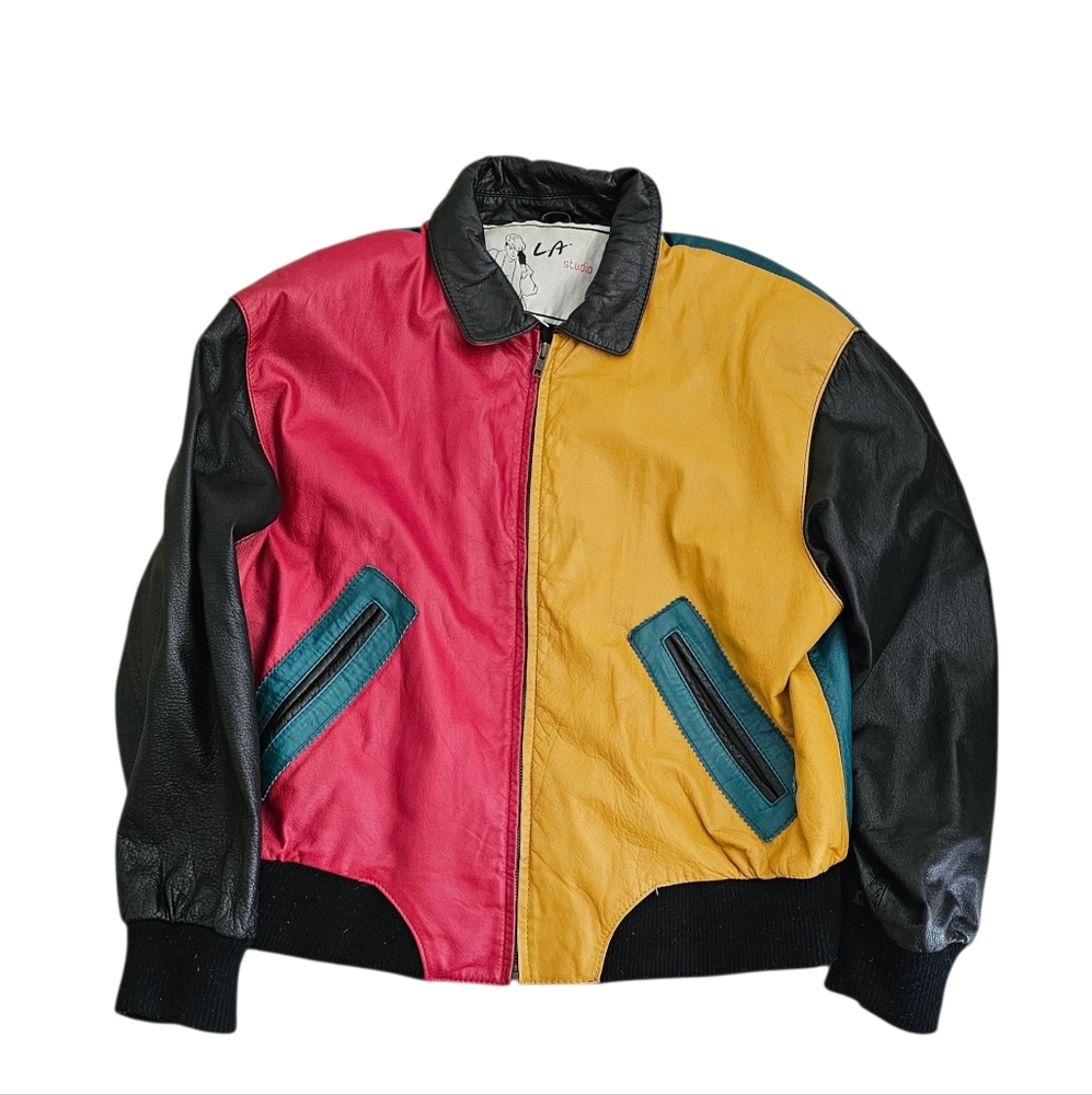 Vintage 80s LA Studio colorblock leather jacket hip-hop style NM condition sz L